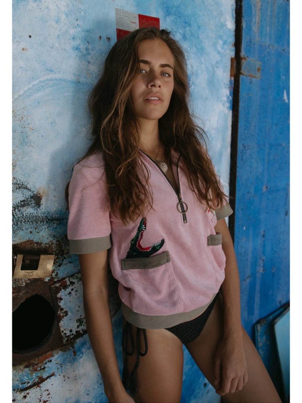 Tombolo Pink Short-Sleeve Zip Terry Hoodie with Pocket Details